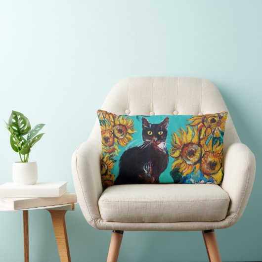 SONNENBLUMEN MIT SCHWARZER KATZE IN BLAUEM TURQUOI LENDENKISSEN (Stuhl )