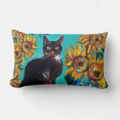 SONNENBLUMEN MIT SCHWARZER KATZE IN BLAUEM TURQUOI LENDENKISSEN (Vorderseite)