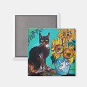 SONNENBLUMEN MIT SCHWARZER KATZE IN BLAUEM TURQUOI MAGNET (Vorderseite/Rückseite)