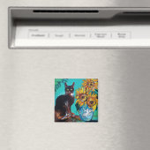 SONNENBLUMEN MIT SCHWARZER KATZE IN BLAUEM TURQUOI MAGNET (In Situ (Geschirrspüler))
