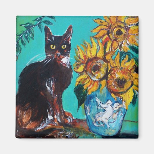 SONNENBLUMEN MIT SCHWARZER KATZE IN BLAUEM TURQUOI MAGNET (Vorne)
