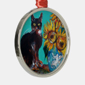 SONNENBLUMEN MIT SCHWARZER KATZE IN BLAUEM TURQUOI ORNAMENT AUS METALL (Rechts)