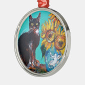 SONNENBLUMEN MIT SCHWARZER KATZE IN BLAUEM TURQUOI ORNAMENT AUS METALL (Links)