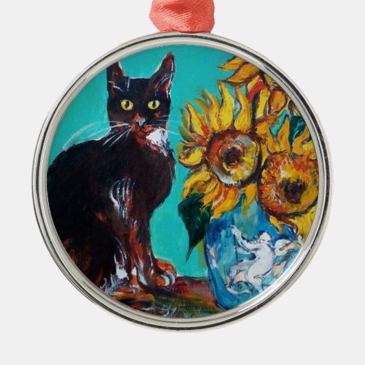 SONNENBLUMEN MIT SCHWARZER KATZE IN BLAUEM TURQUOI ORNAMENT AUS METALL (Vorne)