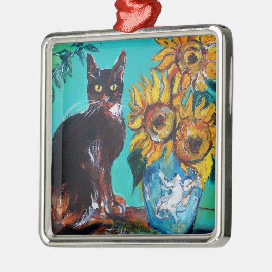 SONNENBLUMEN MIT SCHWARZER KATZE IN BLAUEM TURQUOI ORNAMENT AUS METALL (Links)