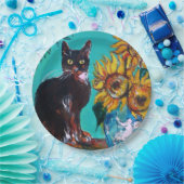 SONNENBLUMEN MIT SCHWARZER KATZE IN BLAUEM TURQUOI PAPPTELLER (Party)