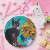 SONNENBLUMEN MIT SCHWARZER KATZE IN BLAUEM TURQUOI PAPPTELLER (Party)