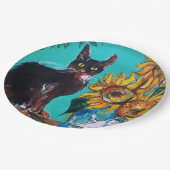 SONNENBLUMEN MIT SCHWARZER KATZE IN BLAUEM TURQUOI PAPPTELLER (Schrägansicht)