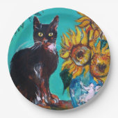 SONNENBLUMEN MIT SCHWARZER KATZE IN BLAUEM TURQUOI PAPPTELLER (Vorderseite)