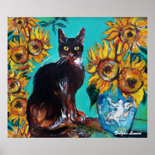 SONNENBLUMEN MIT SCHWARZER KATZE IN BLAUEM TURQUOI POSTER