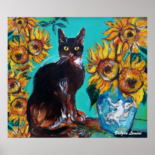 SONNENBLUMEN MIT SCHWARZER KATZE IN BLAUEM TURQUOI POSTER (Vorne)