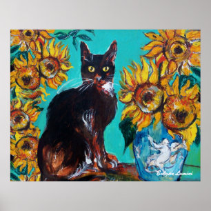 SONNENBLUMEN MIT SCHWARZER KATZE IN BLAUEM TURQUOI POSTER