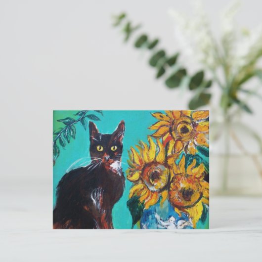 SONNENBLUMEN MIT SCHWARZER KATZE IN BLAUEM TURQUOI POSTKARTE (Stehend Vorderseite)