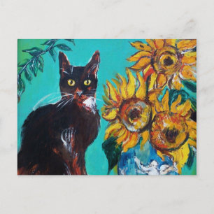 SONNENBLUMEN MIT SCHWARZER KATZE IN BLAUEM TURQUOI POSTKARTE