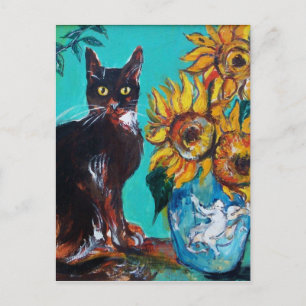 SONNENBLUMEN MIT SCHWARZER KATZE IN BLAUEM TURQUOI POSTKARTE