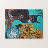SONNENBLUMEN MIT SCHWARZER KATZE IN BLAUEM TURQUOI PUZZLE (Horizontal)