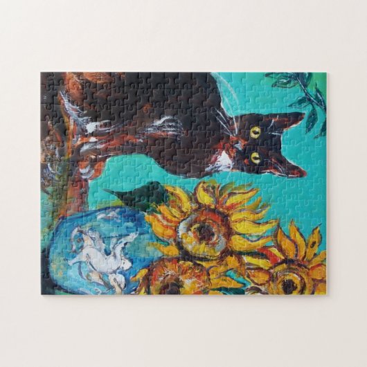 SONNENBLUMEN MIT SCHWARZER KATZE IN BLAUEM TURQUOI PUZZLE (Horizontal)