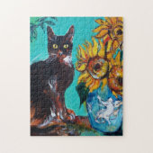 SONNENBLUMEN MIT SCHWARZER KATZE IN BLAUEM TURQUOI PUZZLE (Vertikal)