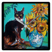 SONNENBLUMEN MIT SCHWARZER KATZE IN BLAUEM TURQUOI