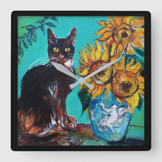 SONNENBLUMEN MIT SCHWARZER KATZE IN BLAUEM TURQUOI QUADRATISCHE WANDUHR (Vorderseite)