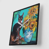 SONNENBLUMEN MIT SCHWARZER KATZE IN BLAUEM TURQUOI QUADRATISCHE WANDUHR (Winkel)