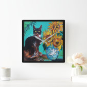 SONNENBLUMEN MIT SCHWARZER KATZE IN BLAUEM TURQUOI QUADRATISCHE WANDUHR (Zuhause)
