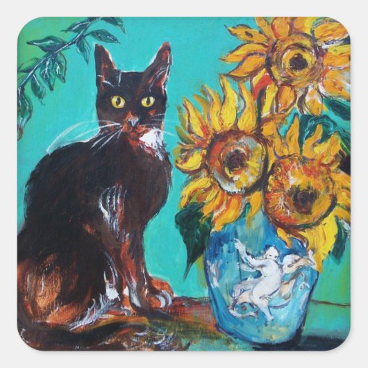 SONNENBLUMEN MIT SCHWARZER KATZE IN BLAUEM TURQUOI QUADRATISCHER AUFKLEBER (Vorderseite)
