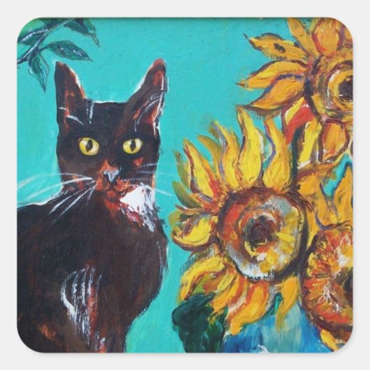 SONNENBLUMEN MIT SCHWARZER KATZE IN BLAUEM TURQUOI QUADRATISCHER AUFKLEBER (Vorderseite)