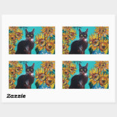 SONNENBLUMEN MIT SCHWARZER KATZE IN BLAUEM TURQUOI RECHTECKIGER AUFKLEBER (Blatt)