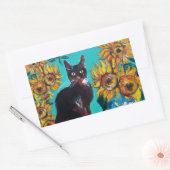 SONNENBLUMEN MIT SCHWARZER KATZE IN BLAUEM TURQUOI RECHTECKIGER AUFKLEBER (Umschlag)