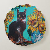 SONNENBLUMEN MIT SCHWARZER KATZE IN BLAUEM TURQUOI RUNDES KISSEN (Rückseite)