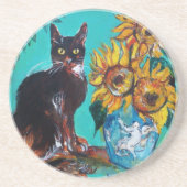 SONNENBLUMEN MIT SCHWARZER KATZE IN BLAUEM TURQUOI SANDSTEIN UNTERSETZER (Vorne)