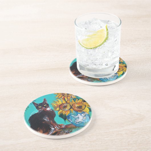 SONNENBLUMEN MIT SCHWARZER KATZE IN BLAUEM TURQUOI SANDSTEIN UNTERSETZER (Seite)