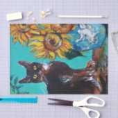 SONNENBLUMEN MIT SCHWARZER KATZE IN BLAUEM TURQUOI SEIDENPAPIER (Handwerk)