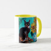 SONNENBLUMEN MIT SCHWARZER KATZE IN BLAUEM TURQUOI TASSE (VorderseiteRechts)