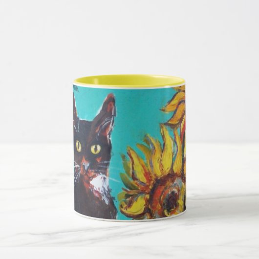 SONNENBLUMEN MIT SCHWARZER KATZE IN BLUE TURQUOISE TASSE (Zentrum)