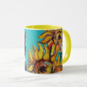 SONNENBLUMEN MIT SCHWARZER KATZE IN BLUE TURQUOISE TASSE (VorderseiteRechts)