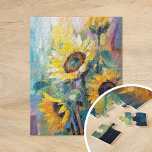 Sonnenblumen Moderne Abstrakte Blumenbemalung Puzzle<br><div class="desc">Ein lebendiges, modernes abstrakt-impressionistisches Gemälde mit Sonnenblumen. Das Kunstwerk enthält strukturierte Pinselstriche in fett gelben, blauen und grünen Farbtönen. Das dynamische Bürstenwerk und die lebhaften Farben schaffen ein Gefühl der Bewegung, das die Schönheit und Energie der Sonnenblumen in einem frischen, zeitgenössischen Stil einfängt. Die reiche Textur und die ausdrucksvollen Striche...</div>