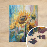 Sonnenblumen Moderne Abstrakte Blumenbemalung Puzzle<br><div class="desc">Ein lebendiges, modernes abstrakt-impressionistisches Gemälde mit Sonnenblumen. Das Kunstwerk enthält strukturierte Pinselstriche in fett gelben, blauen und grünen Farbtönen. Das dynamische Bürstenwerk und die lebhaften Farben schaffen ein Gefühl der Bewegung, das die Schönheit und Energie der Sonnenblumen in einem frischen, zeitgenössischen Stil einfängt. Die reiche Textur und die ausdrucksvollen Striche...</div>