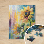 Sonnenblumen Moderne Abstrakte Blumenbemalung Puzzle<br><div class="desc">Ein lebendiges, modernes abstrakt-impressionistisches Gemälde mit Sonnenblumen. Das Kunstwerk enthält strukturierte Pinselstriche in fett gelben, blauen und grünen Farbtönen. Das dynamische Bürstenwerk und die lebhaften Farben schaffen ein Gefühl der Bewegung, das die Schönheit und Energie der Sonnenblumen in einem frischen, zeitgenössischen Stil einfängt. Die reiche Textur und die ausdrucksvollen Striche...</div>