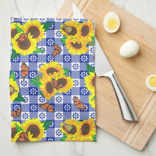 Sonnenblumen Monarch Butterflies Blaues Gingham Mu Geschirrtuch (Viertel Falte)