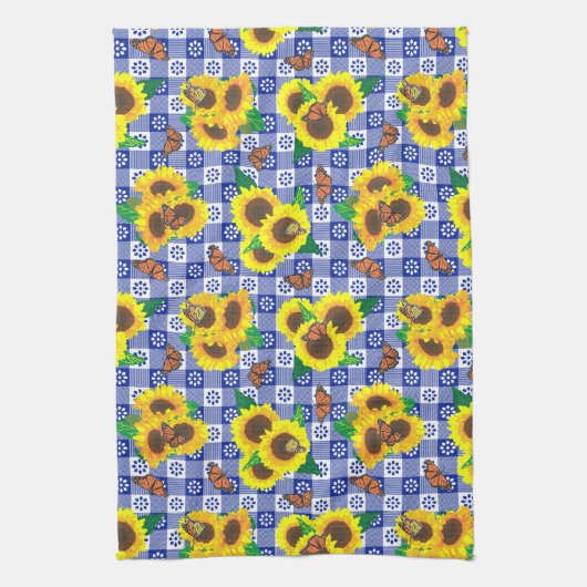 Sonnenblumen Monarch Butterflies Blaues Gingham Mu Geschirrtuch (Vertikal)