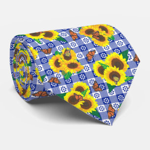 Sonnenblumen Monarch Butterflies Blaues Gingham Mu Krawatte