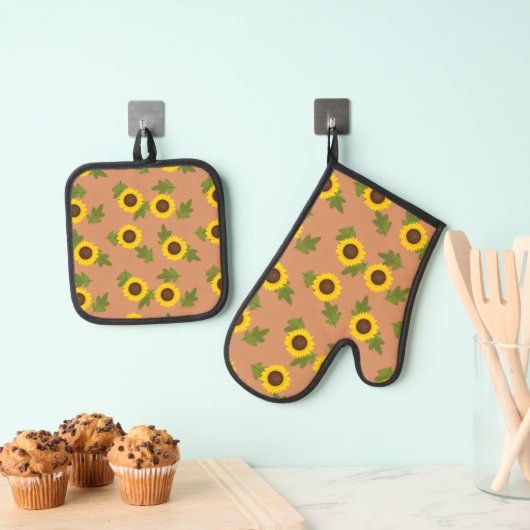 Sonnenblumen-Musterdesign – Hübsche Blumen-Ästheti Ofenhandschuh & Topflappen-Set (Insitu (Hängend))