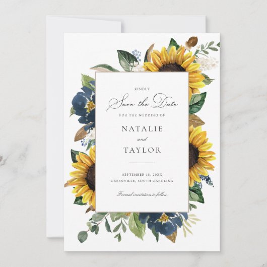 Sonnenblumen Navy Blauer Blume Grüne Save the Date Einladung (Vorderseite)