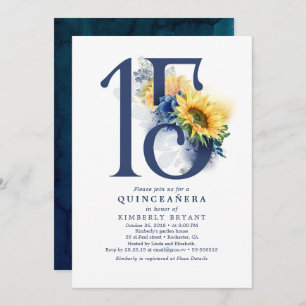 Sonnenblumen Navy Blauer Flora Elegant Quinceanera Einladung