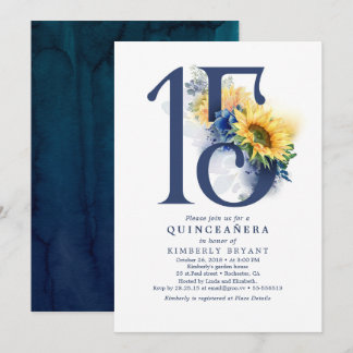 Sonnenblumen Navy Blauer Flora Elegant Quinceanera Einladung