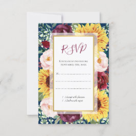Sonnenblumen Navy Blue Burgundy Gold Floral Weddin RSVP Karte