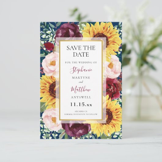 Sonnenblumen Navy Blue Burgundy Gold Wedding Save The Date (Stehend Vorderseite)