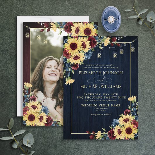 Sonnenblumen Navy Blue Burgundy Wood Floral Foto Einladung